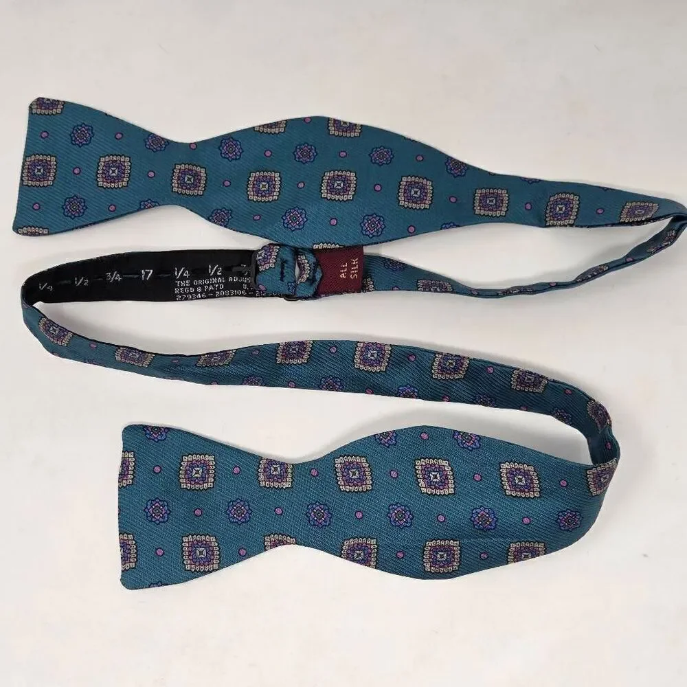 GJ CAHN SILK BOW TIE GREEN JADE PINK GEOMETRIC SATIN 2.25